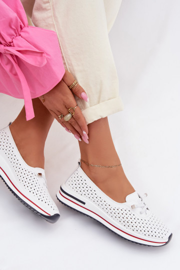 Leather Openwork Women's Loafers S.Barski LR61-7044 White