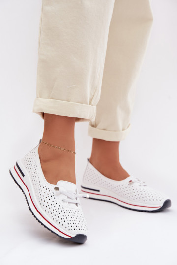 Leather Openwork Women's Loafers S.Barski LR61-7044 White 2