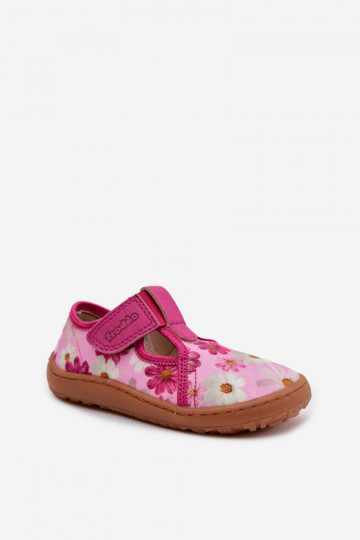 Kapcie Dziecięce Na Rzep W Kwiatki Barefoot Froddo Cannvas G1700439-4 Różowe
