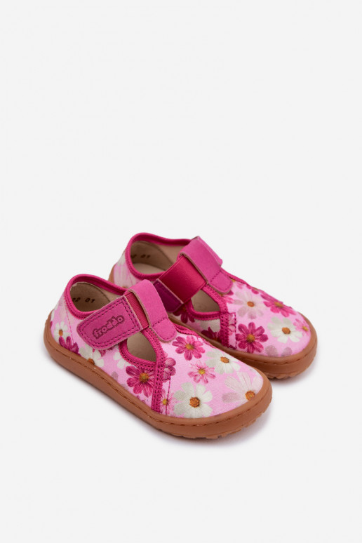 Children's Slippers with Velcro Flower Pattern Barefoot Froddo Cannvas G1700439-4 Pink