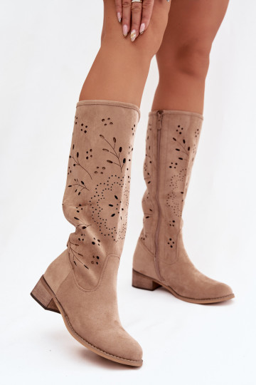 Openwork Women's Boots on Block Heel Khaki Helinna 2