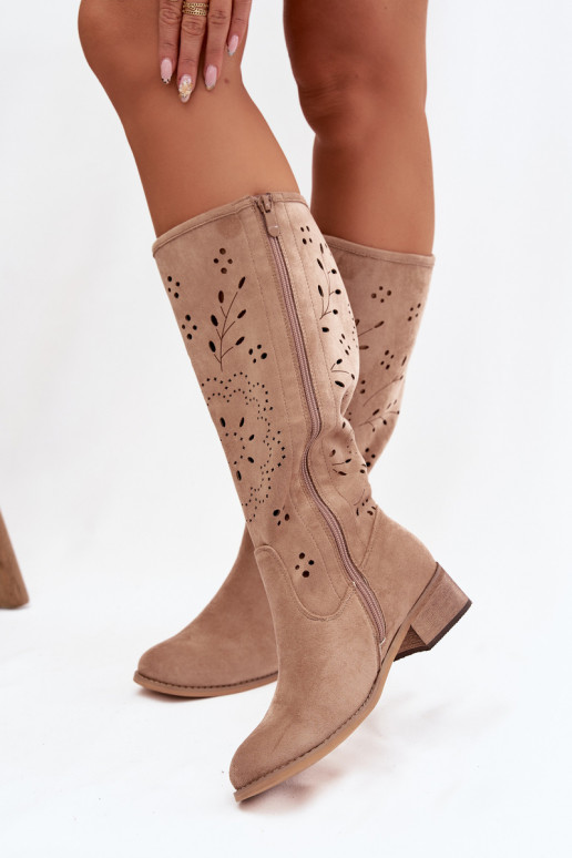 Ażurowe Kozaki Damskie Na Klocku Khaki Helinna