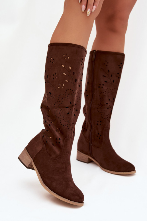 Openwork Women's Boots on Block Heel Chocolate Helinna