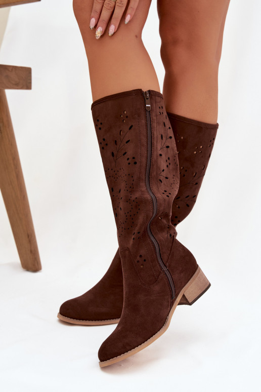 Openwork Women's Boots on Block Heel Chocolate Helinna