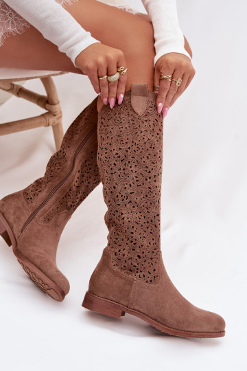 Women's Perforated Ankle Boots With Flat Heel S.Barski HY61-8023 Brown