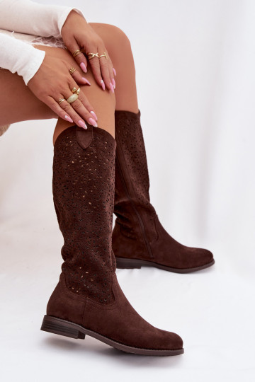 Women's Openwork Flat Heel Boots S.Barski HY61-8023 Chocolate