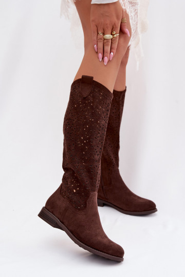 Women's Openwork Flat Heel Boots S.Barski HY61-8023 Chocolate 2