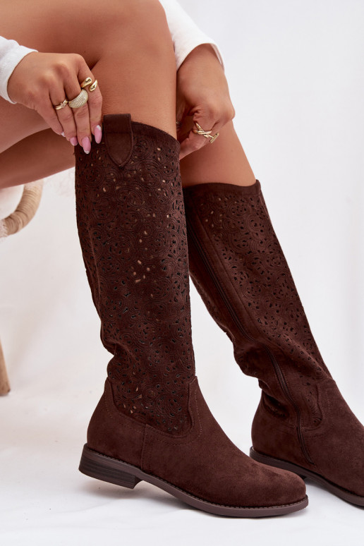 Women's Openwork Flat Heel Boots S.Barski HY61-8023 Chocolate