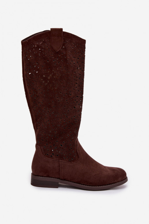 Women's Openwork Flat Heel Boots S.Barski HY61-8023 Chocolate