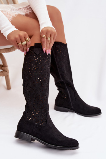 Women's Openwork Boots With Flat Heel S.Barski HY61-8023 Black