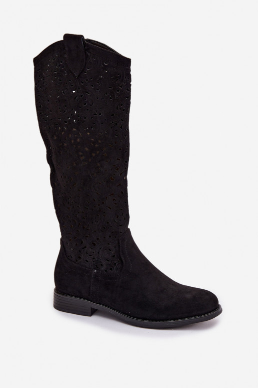 Women's Openwork Boots With Flat Heel S.Barski HY61-8023 Black