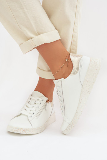 Leather Women's Flats with Zipper White-Gold Dorothea