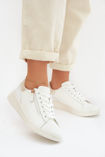 Leather Women's Flats with Zipper White-Gold Dorothea 2