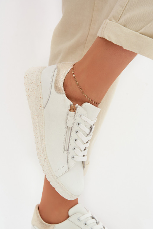 Leather Women's Flats with Zipper White-Gold Dorothea