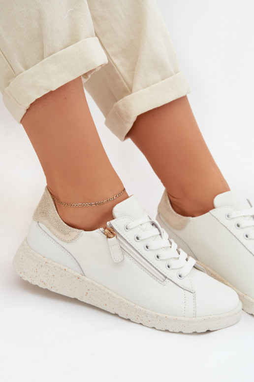 Leather Women's Flats with Zipper White-Gold Dorothea