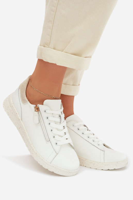 Leather Women's Flats with Zipper White-Gold Dorothea