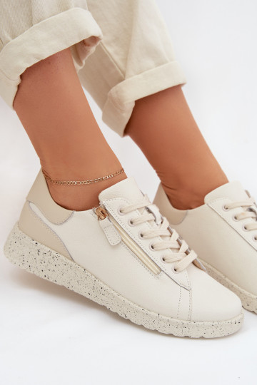 Leather Women's Loafers with Zipper Beige Dorothea