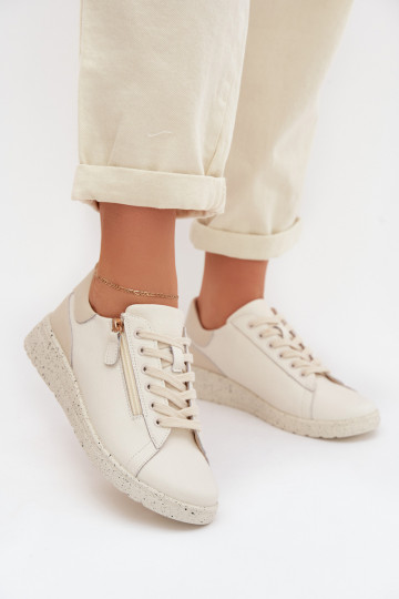 Leather Women's Loafers with Zipper Beige Dorothea 2