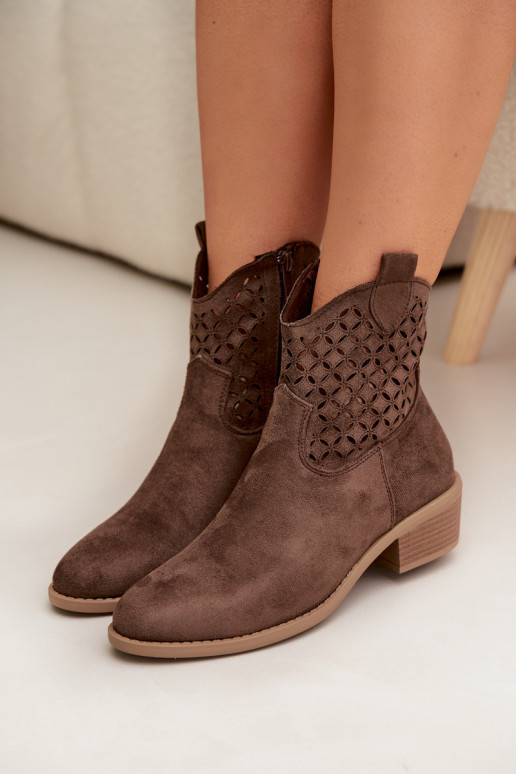 Ażurowe Botki Damskie Na Obcasie Brązowe Briavine