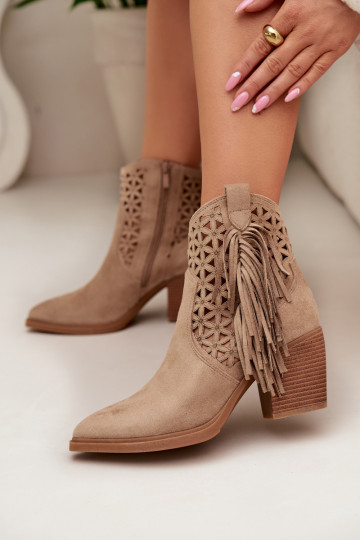 Women's Perforated Cowboy Boots with Block Heel with Fringes Beige Calissey