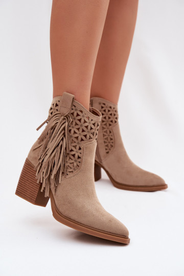 Women's Perforated Cowboy Boots with Block Heel with Fringes Beige Calissey 2