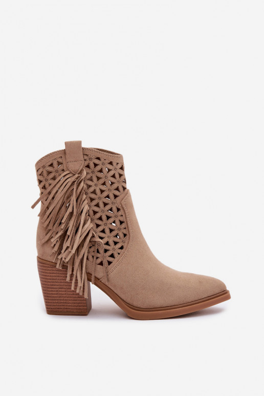 Women's Perforated Cowboy Boots with Block Heel with Fringes Beige Calissey