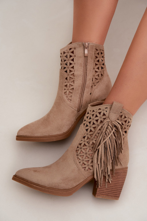 Women's Perforated Cowboy Boots with Block Heel with Fringes Beige Calissey