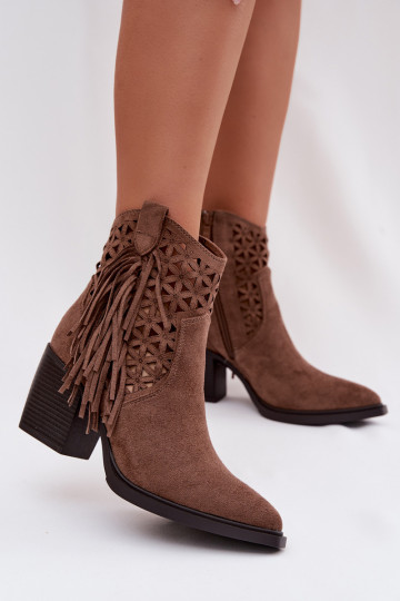 Women's Perforated Cowboy Boots With Heel With Fringes Brown Calissey