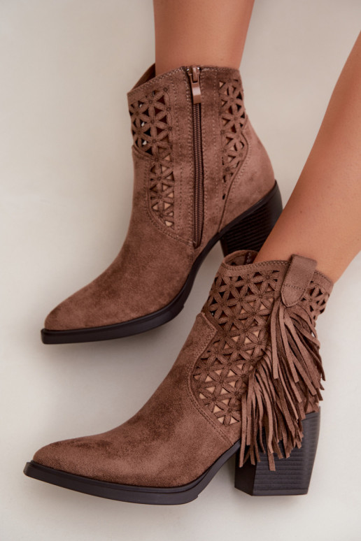 Women's Perforated Cowboy Boots With Heel With Fringes Brown Calissey