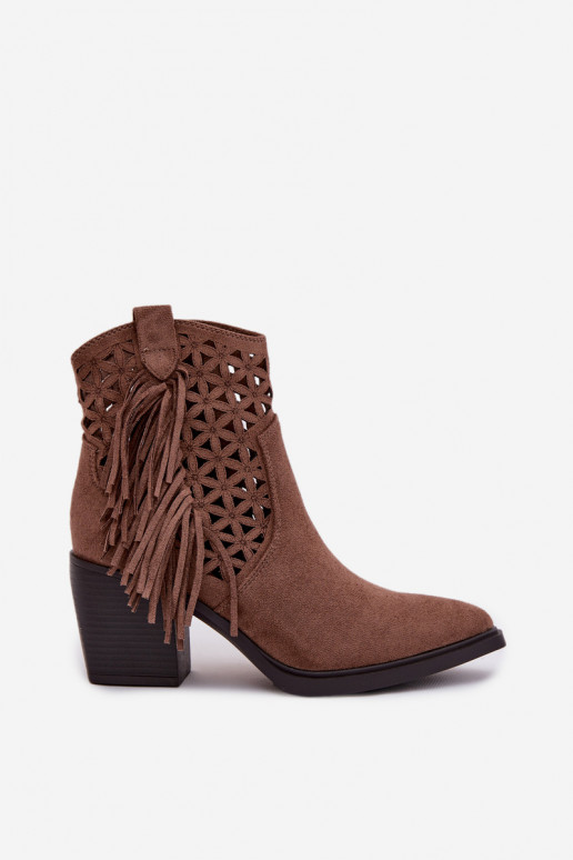 Women's Perforated Cowboy Boots With Heel With Fringes Brown Calissey