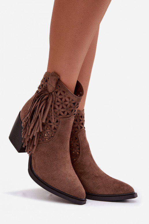 Women's Perforated Cowboy Boots With Heel With Fringes Brown Calissey