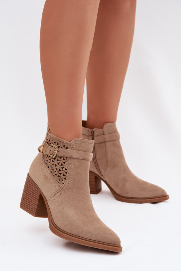 Women's Openwork Block Heel Boots with Openwork Pattern and Gold Buckle Beige Deloriah 2