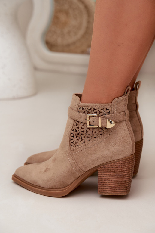 Women's Openwork Block Heel Boots with Openwork Pattern and Gold Buckle Beige Deloriah