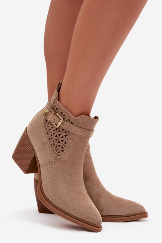 Women's Openwork Block Heel Boots with Openwork Pattern and Gold Buckle Beige Deloriah