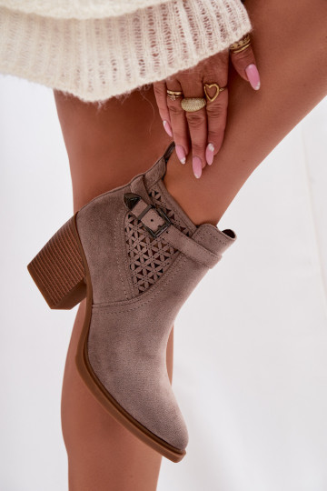 Women's Perforated Block Heeled Ankle Boots with Perforated Pattern and Gold Buckle Dark Beige Deloriah