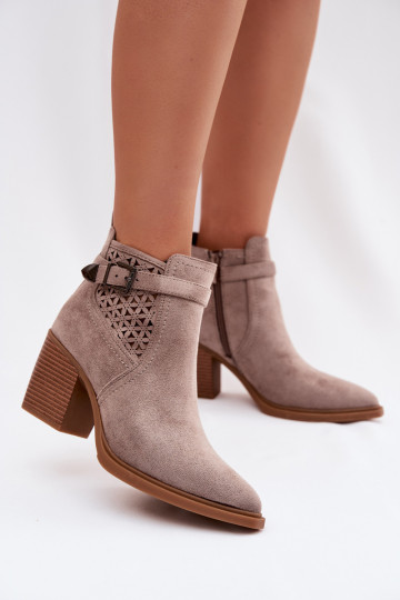 Women's Perforated Block Heeled Ankle Boots with Perforated Pattern and Gold Buckle Dark Beige Deloriah 2