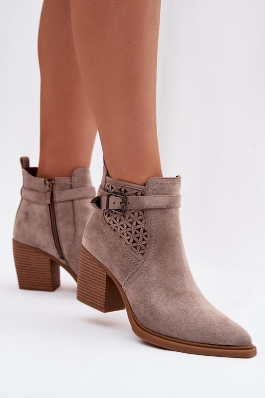 Women's Perforated Block Heeled Ankle Boots with Perforated Pattern and Gold Buckle Dark Beige Deloriah
