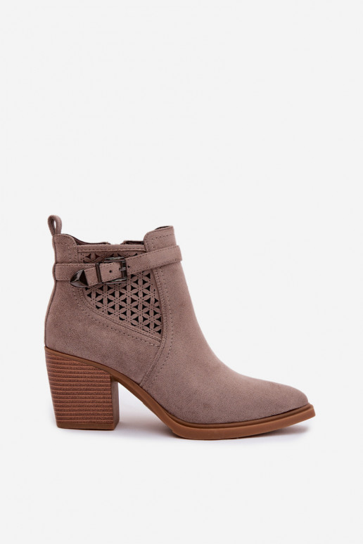 Women's Perforated Block Heeled Ankle Boots with Perforated Pattern and Gold Buckle Dark Beige Deloriah