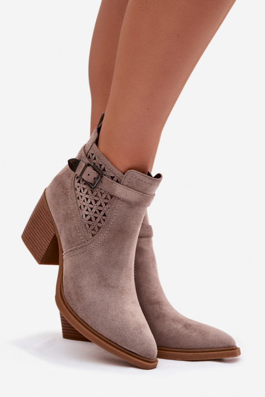 Women's Perforated Block Heeled Ankle Boots with Perforated Pattern and Gold Buckle Dark Beige Deloriah