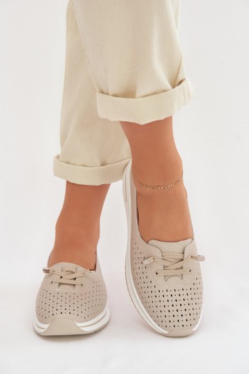 Leather Openwork Women's Loafers LR61-7044 Beige 2