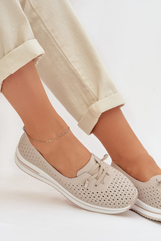 Leather Openwork Women's Loafers LR61-7044 Beige