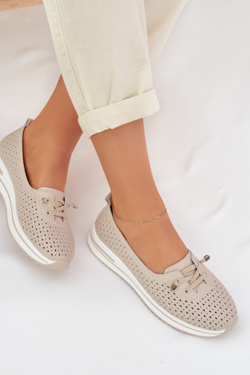 Leather Openwork Women's Loafers LR61-7044 Beige