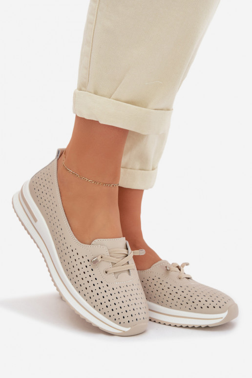 Leather Openwork Women's Loafers LR61-7044 Beige