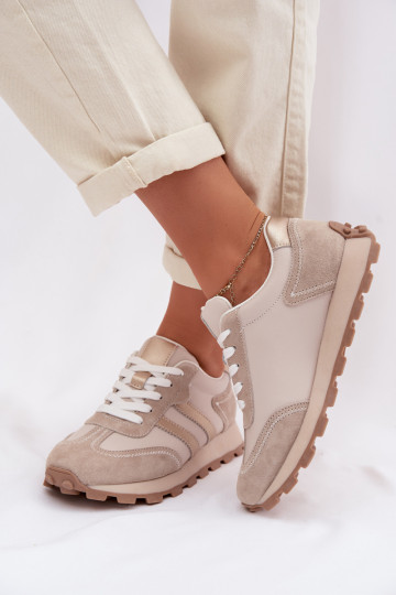 Leather Women's Sneakers On Platform S.Barski LR61-7096 Beige