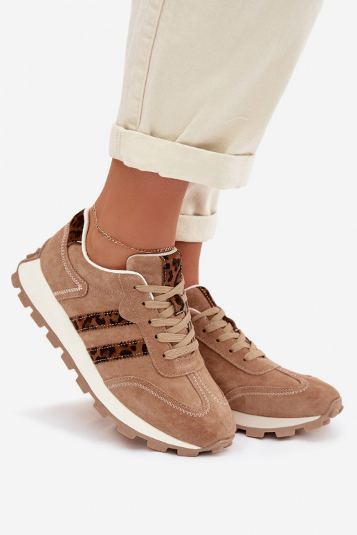 Zamszowe Sneakersy Damskie Na Platformie Panterka S.Barski LR61-7071 Brązowe