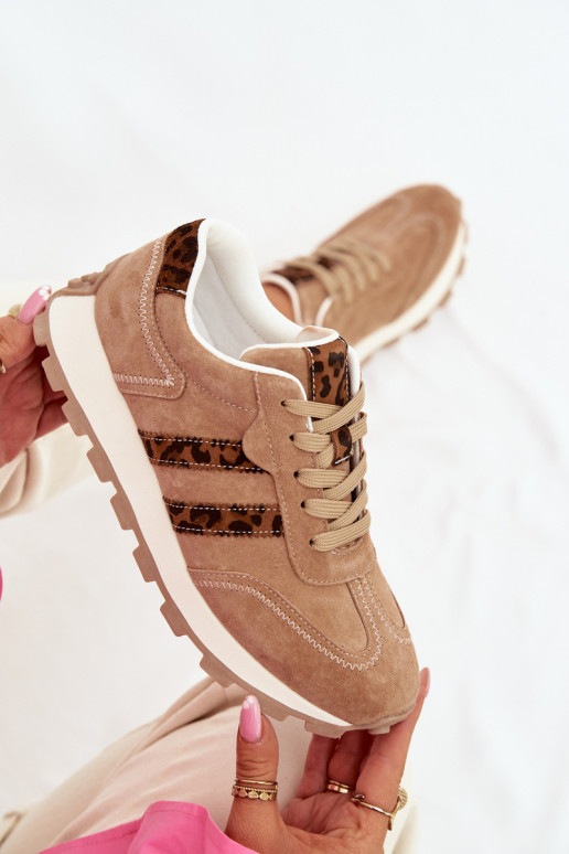 Zamszowe Sneakersy Damskie Na Platformie Panterka S.Barski LR61-7071 Brązowe