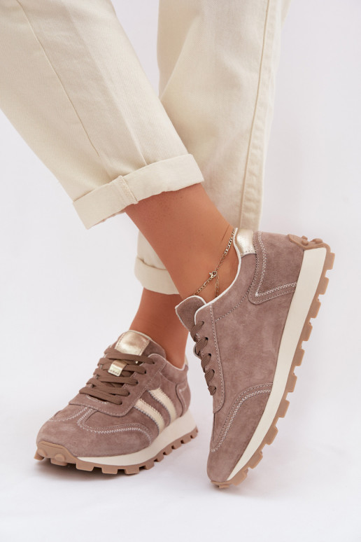 Zamszowe Sneakersy Damskie Na Platformie S.Barski LR61-7097 Ciemnobeżowe