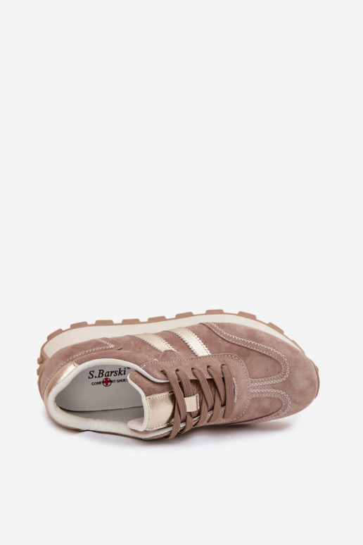 Zamszowe Sneakersy Damskie Na Platformie S.Barski LR61-7097 Ciemnobeżowe