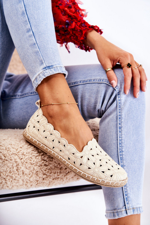 Women's Slip-on Ballerina Flats with Flowers Beige Vennice