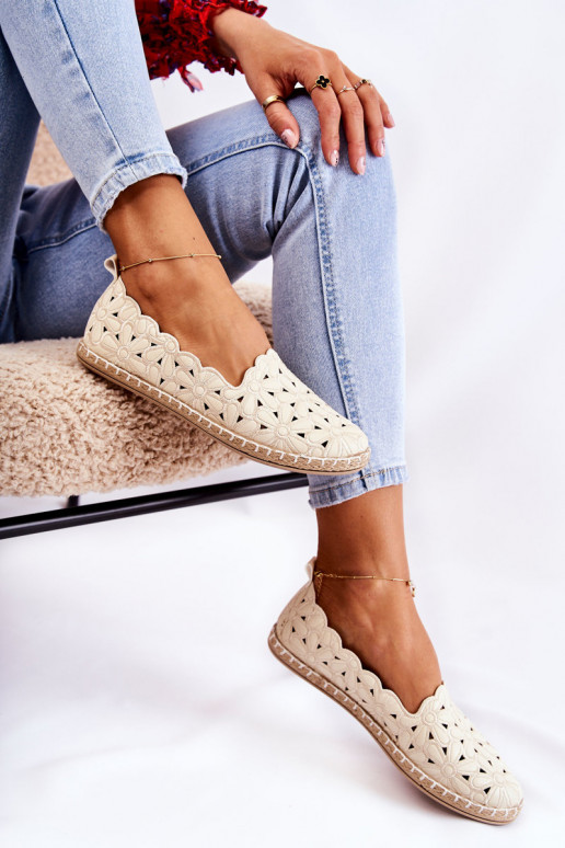 Women's Slip-on Ballerina Flats with Flowers Beige Vennice